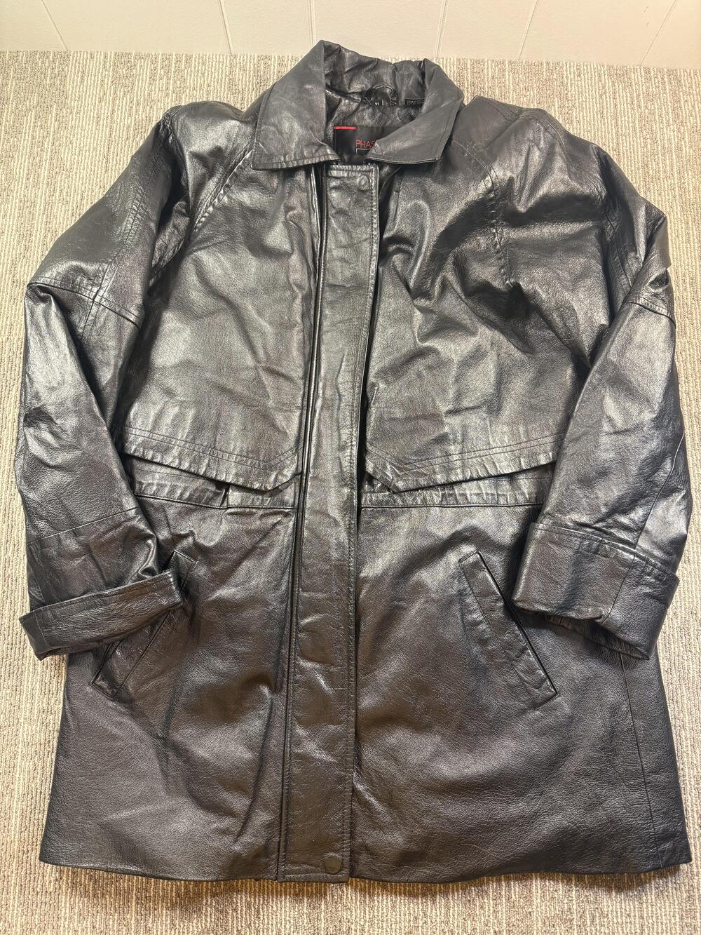 Phase Two Leather Coat Mens‎ XL Black Zip Out Liner Car Coat Mid Length Full Zip